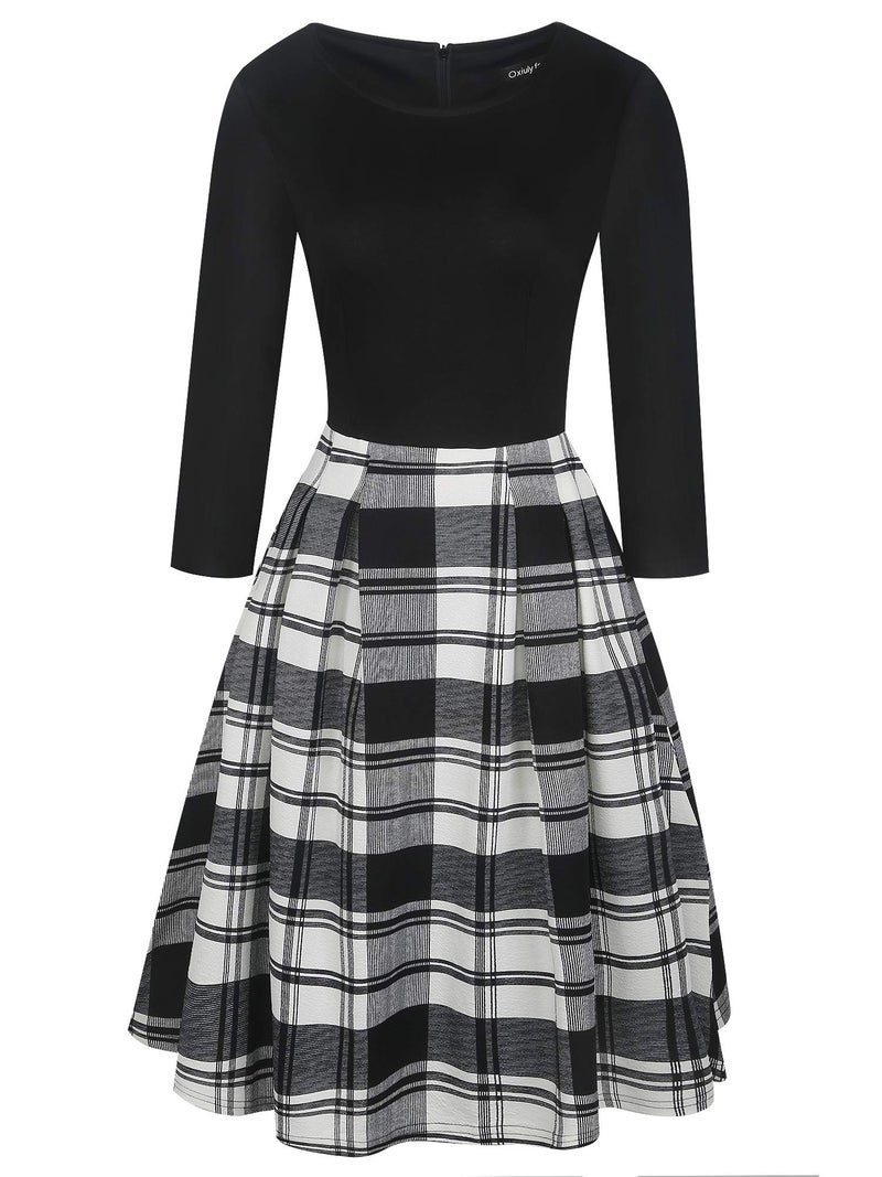 oxiuly Women's Classic Plaid Patchwork Vintage Dress Elegant Work Midi Party Casual Dresses with Pockets OX165 (Black Plaid P7, s) - Image 2